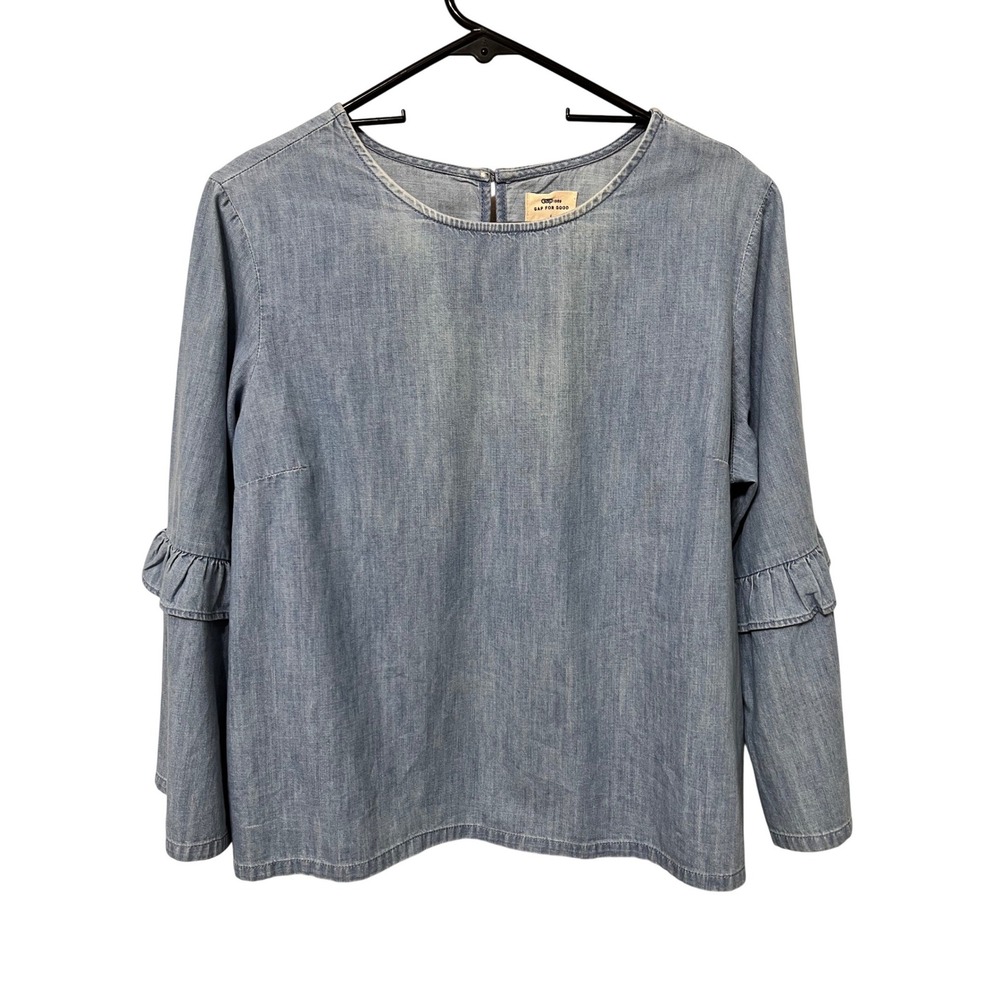 Gap 1969 Womens Blue Cotton Ruffle Tiered Sleeve Chambray‎ Denim Top Large